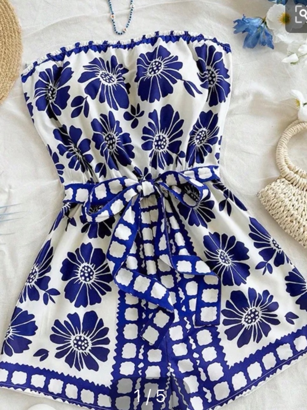 Strapless Blue & White Floral Romper